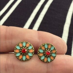 Floral Stud Earrings with Red and Turquoise Accents